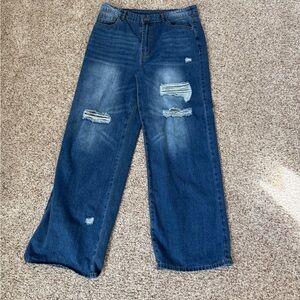 Distressed Blue Wide-Leg Jeans